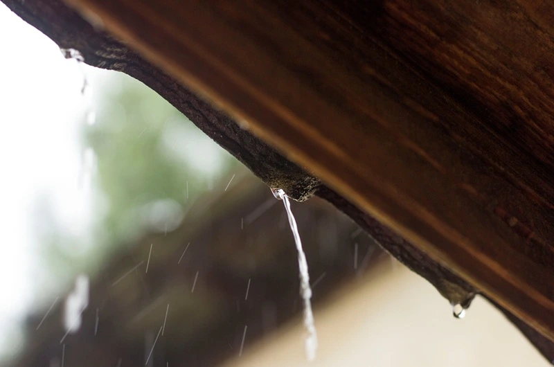 urgence-reparation-fuite-toiture-nice Infiltration d'eau sous une toiture en bois à Nice nécessitant une intervention urgente d'étanchéité.